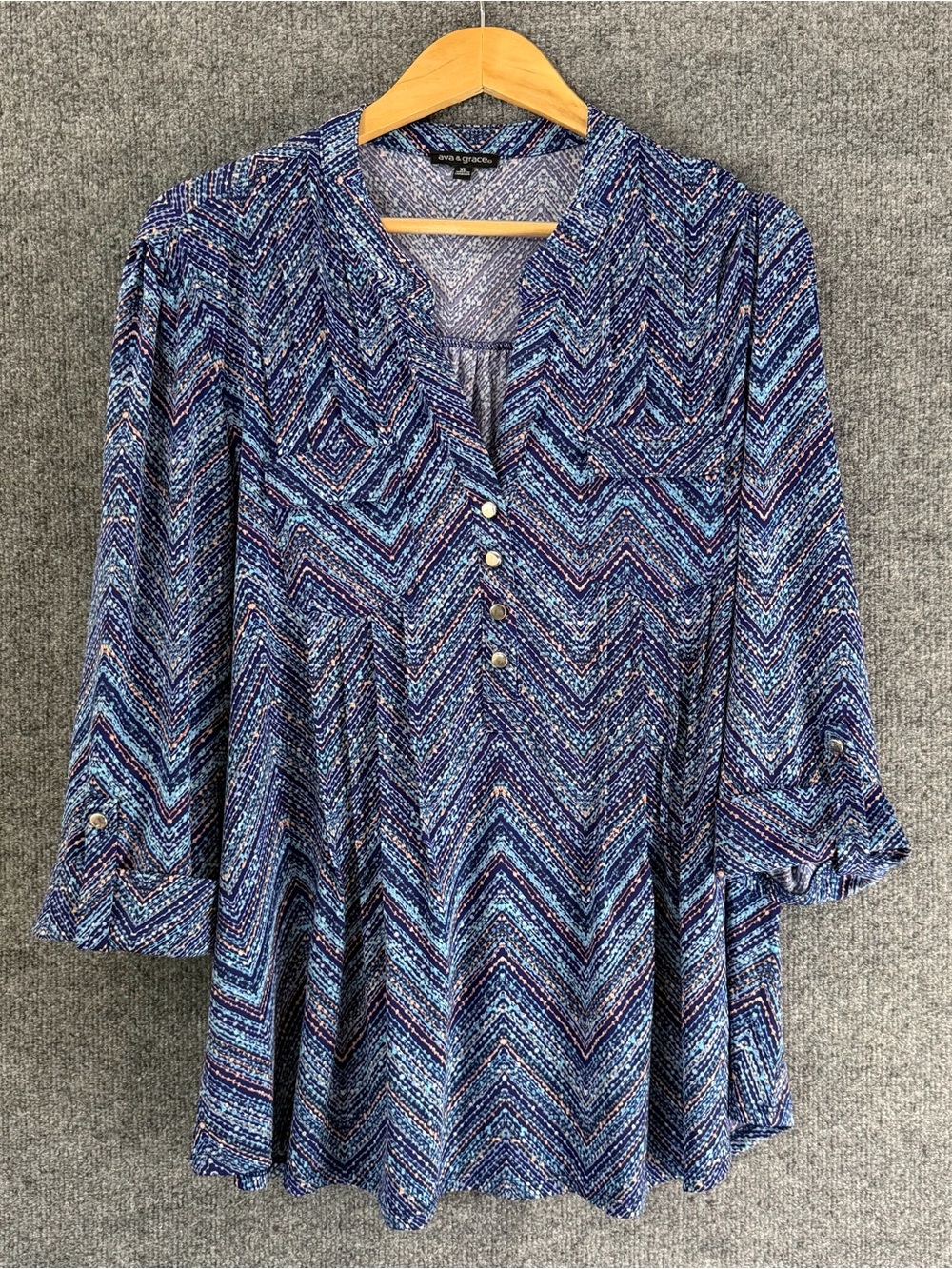 Ava & Grace Womens 3/4 Sleeve Printed Top Size XL Blue Office Career Stretch